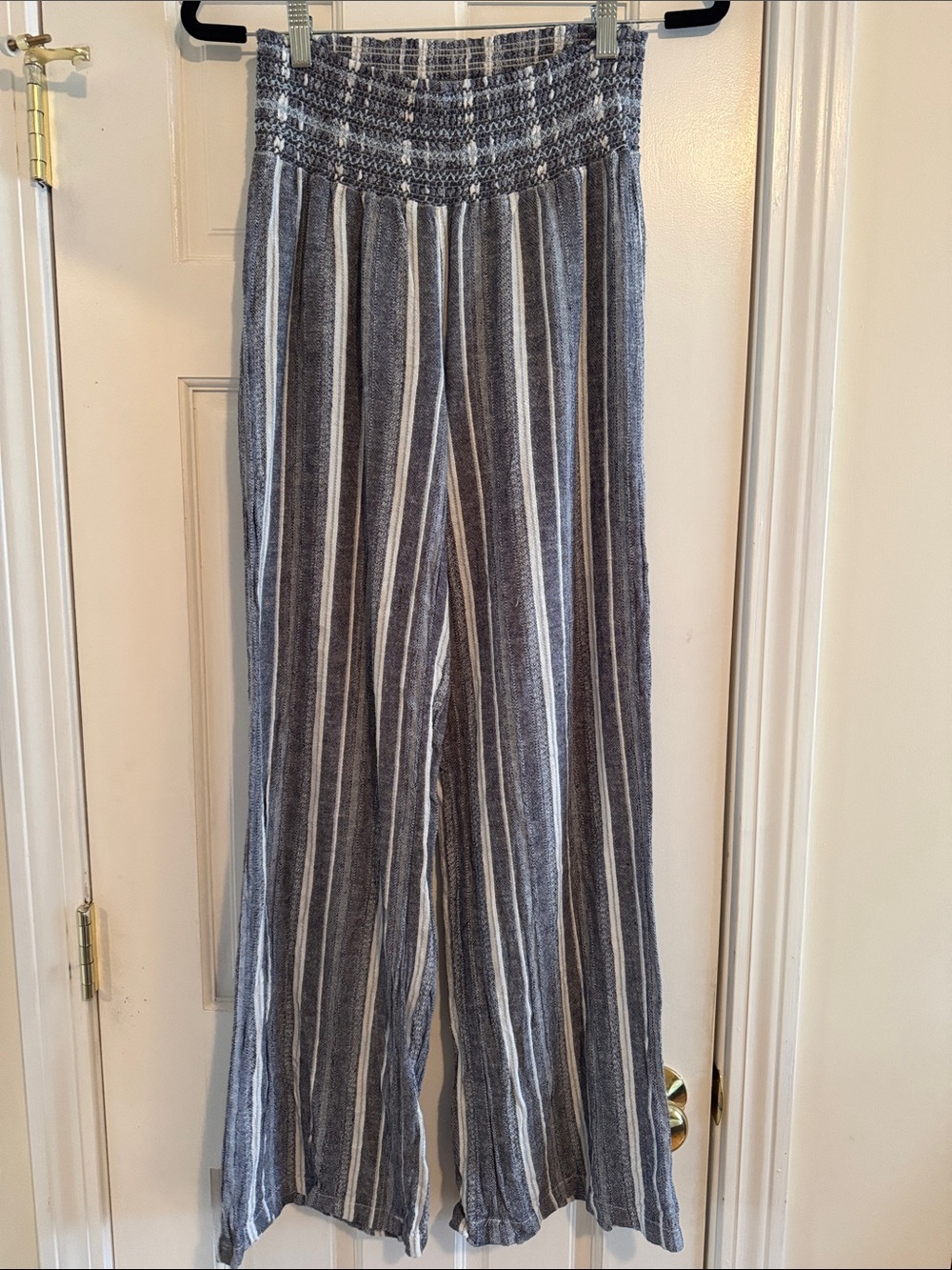 Striped Wide-Leg Smocked Waist Pants - Gray, White & Blue